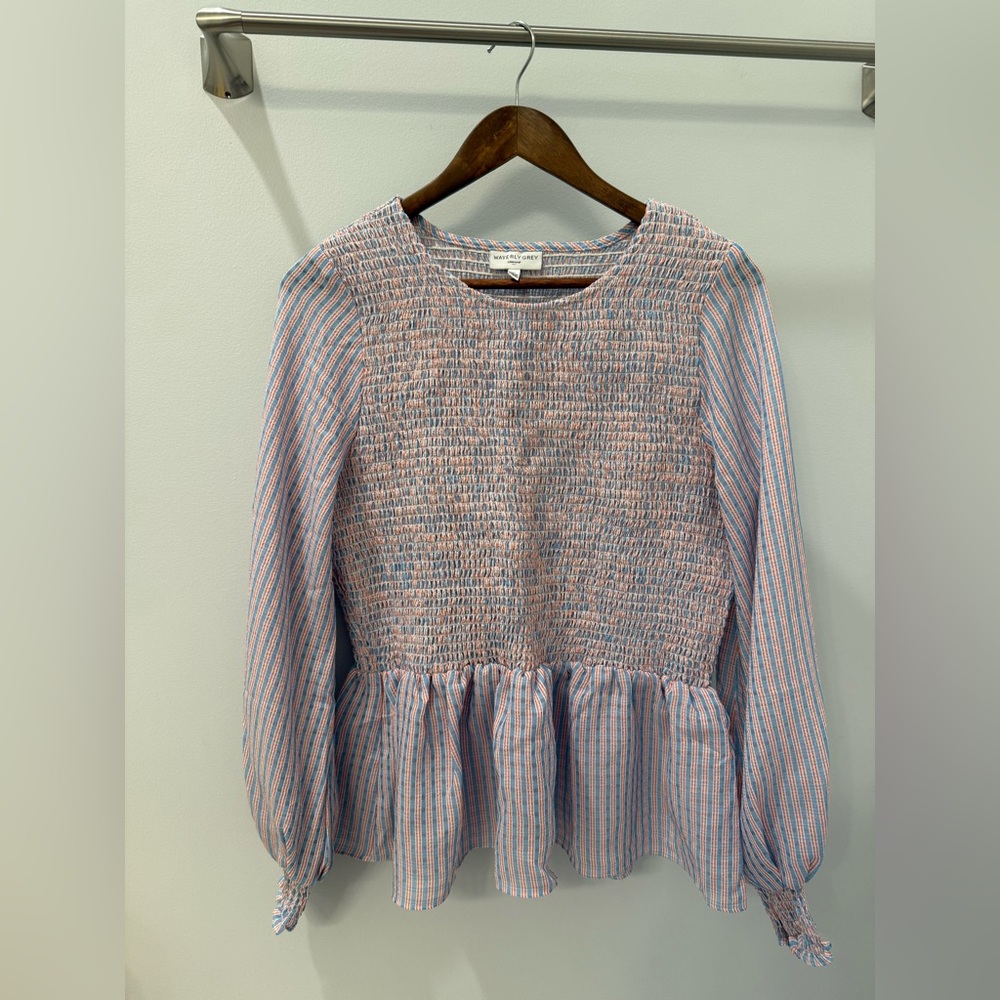 Waverly Grey Blue & Pink Smocked Peplum Top